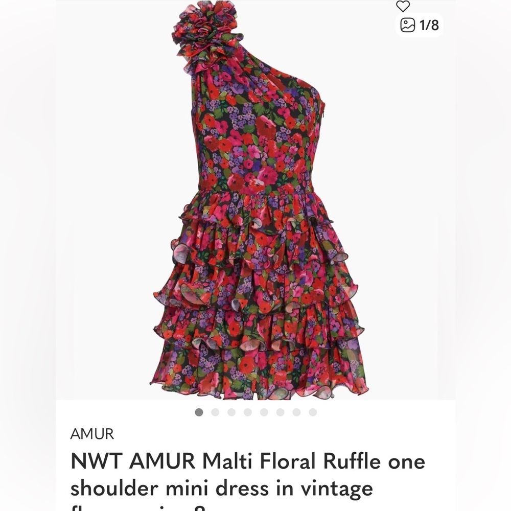 NWT AMUR Malti Floral Ruffle one shoulder mini dress in vintage flowers size 8